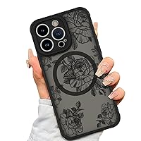 AIGOMARA Case for iPhone 15 Pro [Compatible with MagSafe] Black Flower Floral Pattern Design Case for Women Girls Soft TPU Bumper Hard PC Back Anti-Fall Shockproof Protective Slim Magnetic Cover