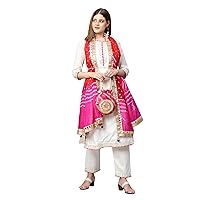 Women's Mix Cotton Beautiful Dress with Cross Lace And Magji Allover Kurti With Pant and Bandej Dupatta