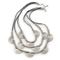 Avalaya 3 Strand Grey Cotton Cord Necklace with Metal Rings in Silver Tone - 66cm L/ 4cm Ext