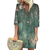 Sun Dresses for Women 2024, Summer Casual Printed Loose V Neck 3/4 Sleeve Dress Floral Retro Vintage, S, 3XL