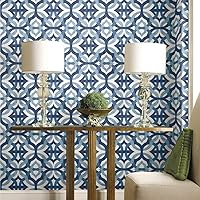 RoomMates Waverly RMK11866RL Tipton Peel and Stick Wallpaper (18 in x 18.86 ft) – Easy Application, No Sticky Residue – Blue and White