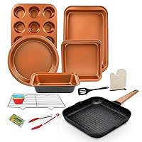6-Pieces Baking Pans Set & Square Grill Pan Nonstick, Oven Bakeware Set, 11 Inch Steak Griddle Pan, for Baking Cake, Muffin, Roasting and Grilling Meat