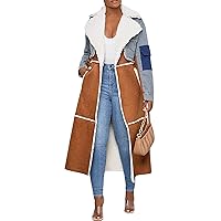 CHARTOU Women's Chic Sherpa Fleece Ripped Distressed Belt Quilted Denim Trench Coat Overcoat
