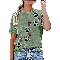 Cute Dog Paw Print T-Shirts for Women Love Heart Short Sleeve Shirts Dog Lover Tee Dog Mom Tops Summer Casual Blouse