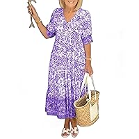 Boho Summer Dress for Womens Floral Maxi Dresses Casual Short Sleeve Long Beach Dress 2024