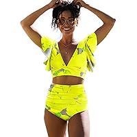 SPORLIKE Women Ruffle High Waist Swimsuit Two Pieces Push Up Tropical Print Bikini