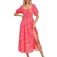 Women's 2024 Spring Summer Boho Floral Midi Dress Square Neck Puff Short Sleeve Casual Split Beach Long Dress