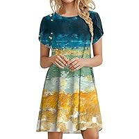 Womens Petal Sleeve Dresses Casual Comfy Dress Crewneck Swing Beach Dress with Pockets Casual Skirts for Women