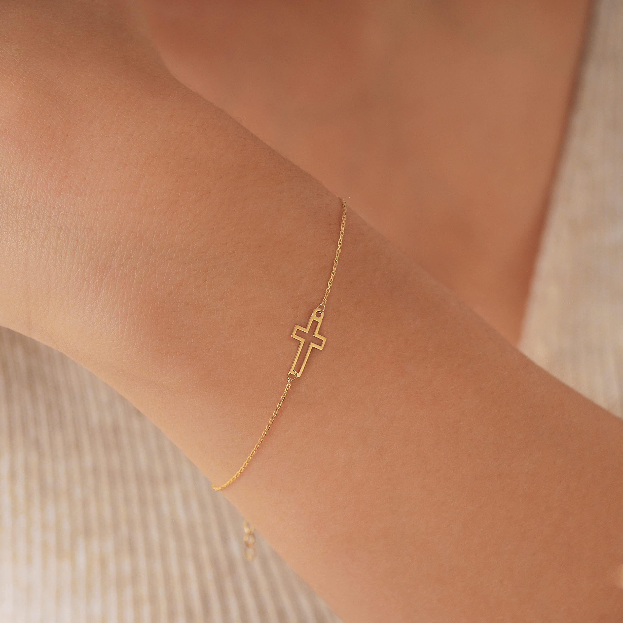 MIONZA Jewelry 14k Solid Gold Cross Bracelet for Women, Teen Girls, Baby | Real Gold Sideways Adjustable Cross Bracelet | Gold Plated Bracelet for Women | Christian Baptism Gift