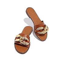 Women's Leather Flat Slippers Metallic Link Chains Slip On Summer Indoor and Outdoor Slide Sandals