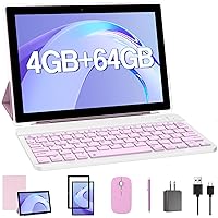 YQSAVIOR Tablet 10 Inch 2 in 1 Tablet with Keyboard, 4GB+64GB Android Tablet PC, Quad Core, 1280 x 800 HD Screen, Dual Camera, WiFi, BT Computer Tablets with Case Mouse Stylus, Pink