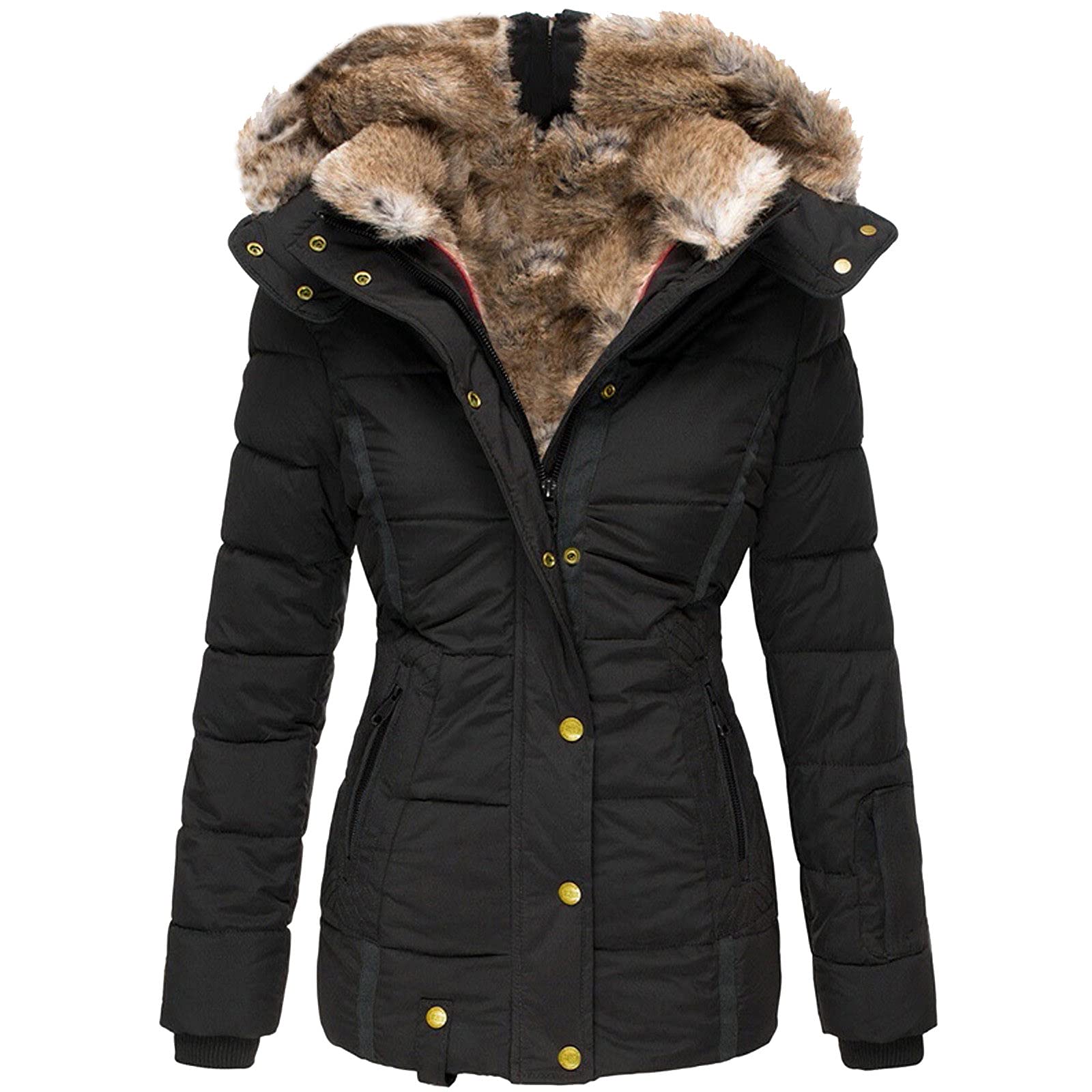 RFNIU Cotton Coat For Women Fashion Big Fur Collar Long Sleeve Thick Puffer Jacket Outwear Zip Snap Slim Open Front Tops
