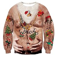 RAISEVERN Ugly Christmas Sweater for Men Women Funny Xmas Hairy Chest Bell Skull Santa Cat Beard Belt Sweatshirt Holiday Festive Long Sleeve Winter Ho Ho Ho Top