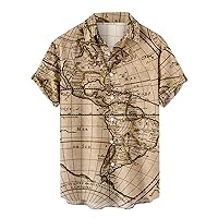 Hawaiian Shirts for Men Short Sleeve Aloha Beach Shirt Vintage World Map Printed Summer Casual Button Down Shirts