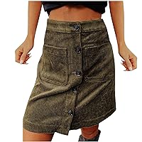 Corduroy Skirts for Womens Casual Versatile Elastic High Waisted Button Down Pencil Mini Skirt with Pockets