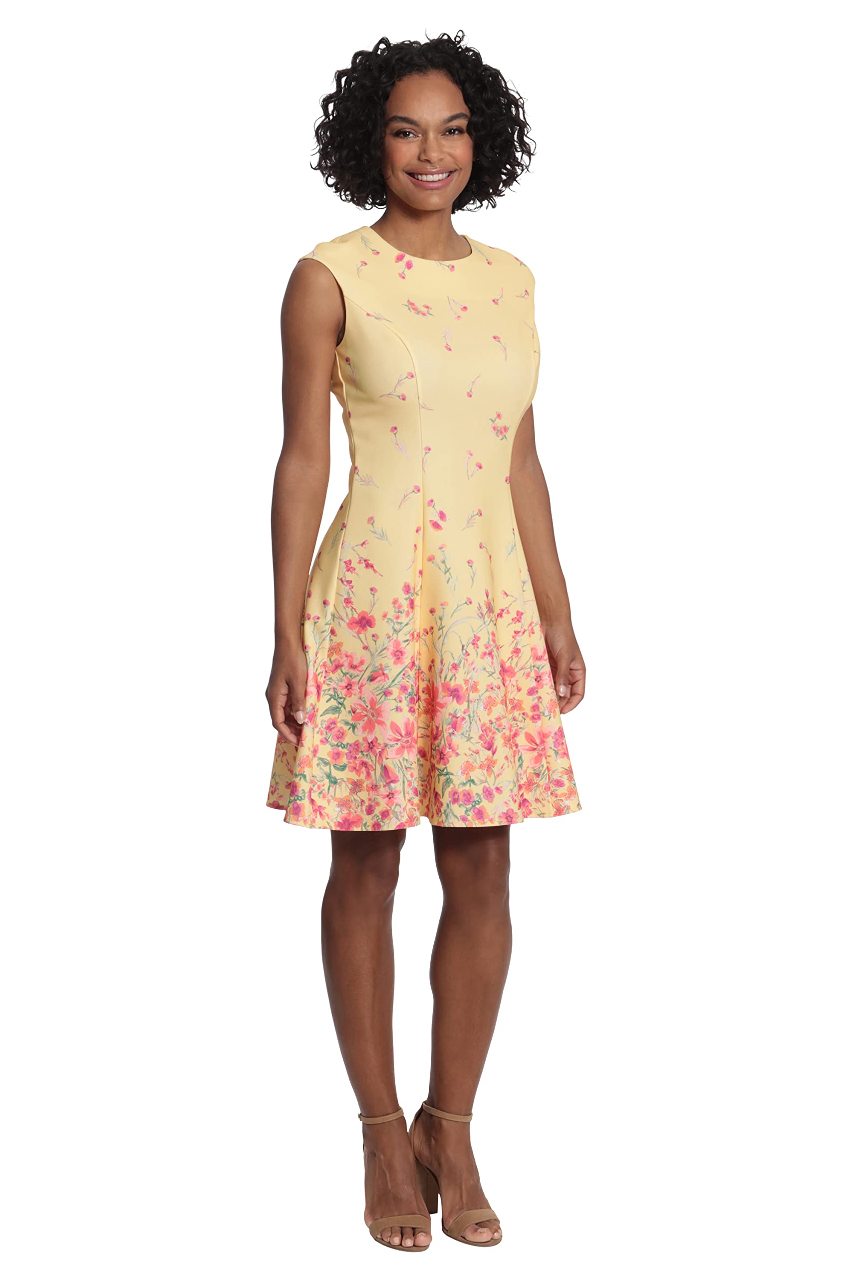 London Times Women's Floral Border Cap Sleeve Fit & Flare Dress