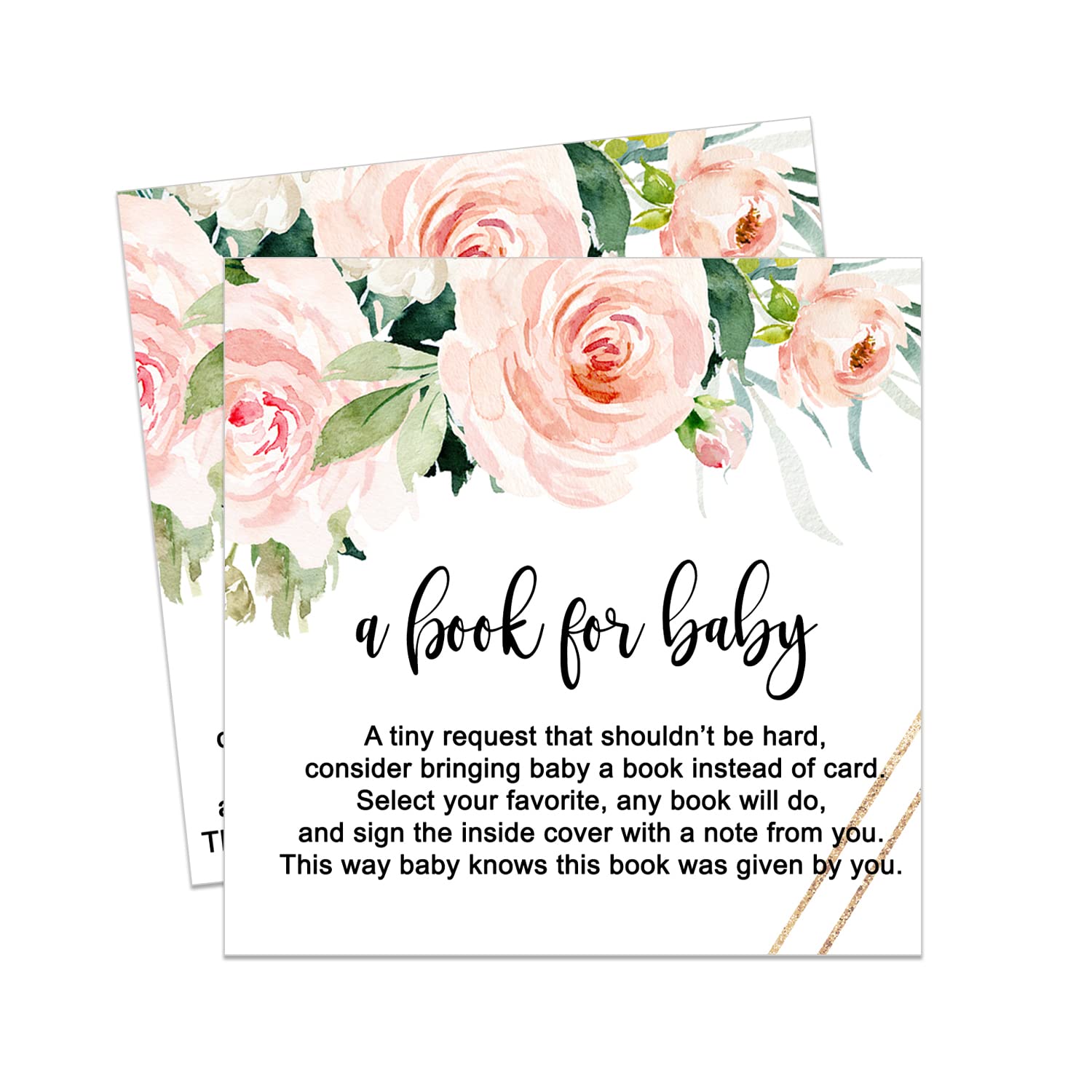 Paper Clever Party Graceful Floral Bring a Book Cards for Baby Shower (25 Pack) Bear Invitation Insert for Girls Parties – Rustic Theme Pink and Gold – 4x4 Printed Card Set