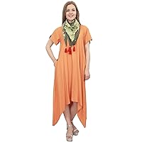 Bimba Casual Short Sleeves Dresses for Women Asymmetrical Dress with Printed Tassel Scarf