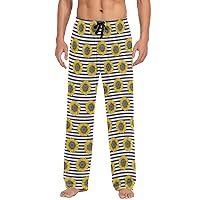 ALAZA Men's Hipster Sunflowers on Black and White Striped91 Sleep Pajama Pant