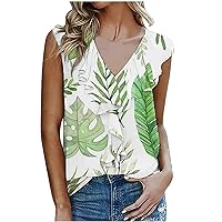 Women Poncho Ruffle Trim Green Leaf Print Tank Tops Fashion Casual Loose Fit Sleeveless V Neck Summer Beach T-Shirts