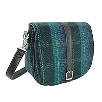 Authentic Harris Tweed Shoulder Bag in Blue with Turquoise Overcheck Tartan - Handwoven Scottish Wool, Adjustable Strap and Buckle