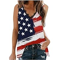 Ladies Sexy Lace Trim Tank Tops V Neck Fashion Side Split Sleeveless Shirts Women's American Flag Patriotic Tee Tunic Blouse