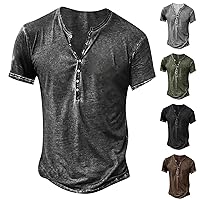 Men's Distressed Henley Shirts Vintage Short/Long Sleeve Button Down T-Shirt Casual Washed Basic T-Shirt