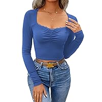 SOLY HUX Womens Long Sleeve Crop Tops T Shirts Ribbed Knit Lace Ruched Sweetheart Neck Casual Basic Fitted Tees