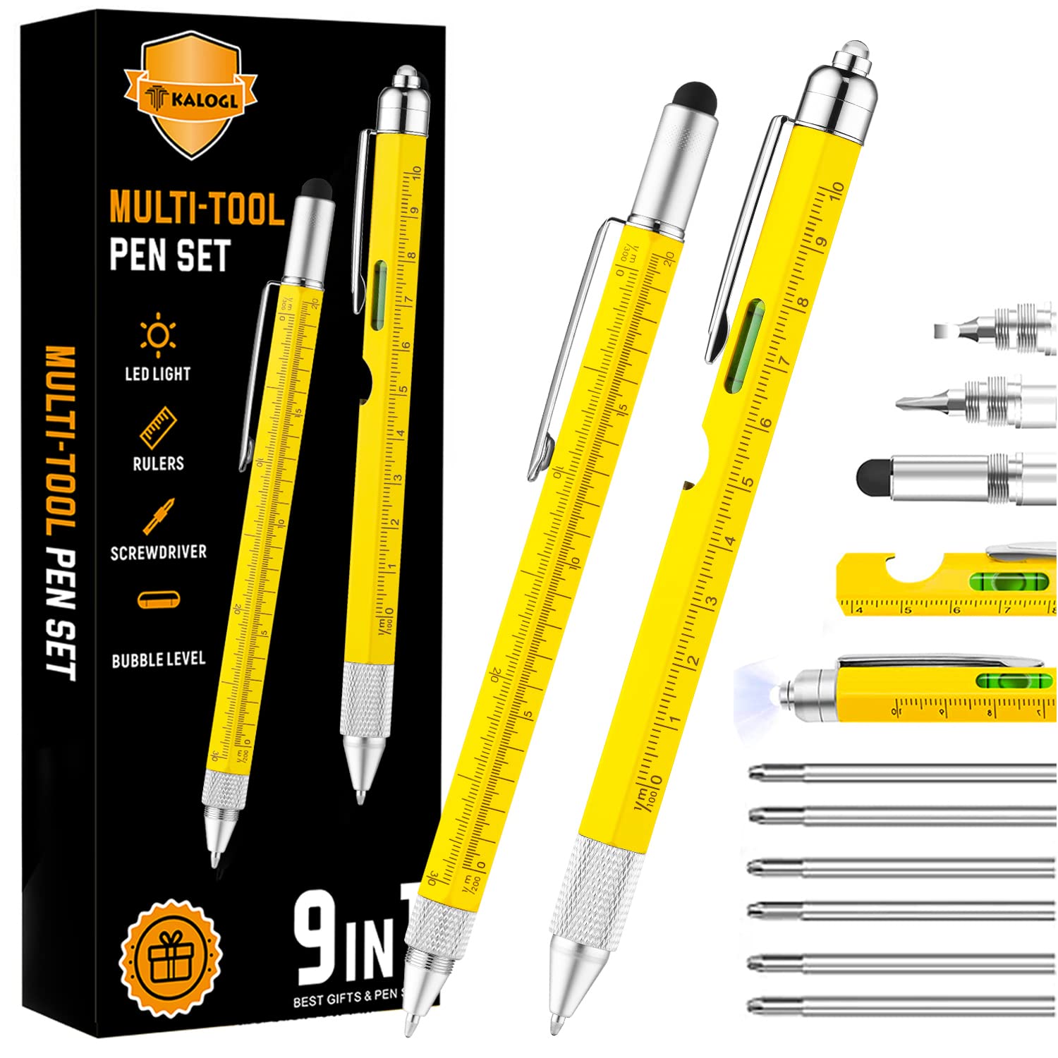 Multi-tool Pen 2 Pack [Stylus, Ballpoint Pen,with 6 Replacement refills, 4