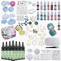 Epoxy Resin Full Kit Molds Color Pigments Glitters, 7 Crystal Clear UV Epoxy, Earrings Pendants Bracelets Jewelry Storage Box Molds, Pearlescent Pigments, Open Back Bezels, with Curing Device