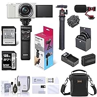 Sony ZV-E10 Mirrorless Vlog Camera with 16-50mm Lens, White - Bundle with Vlogger Kit, 128GB SD Card, Shoulder Bag, Screen Protector, Mic, Tripod, Extra Battery, Charger, 40.5mm Filters, Cleaning Kit