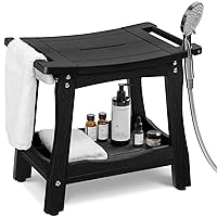 Y&M 2-Tier Bathroom Shower Bench with Waterproof Storage Shelf, HDPE Towel & Shower Head Shelves Curved Seat, Small Tub Chair for Shaving Legs Foot Stool, Bath, Spa, Indoor or Outdoor Use, Black