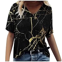 Going Out Tops for Women Casual Trendy Marble Graphic Tee Vintage V Neck Short Sleeve T-Shirt Oversized Loose Blouse