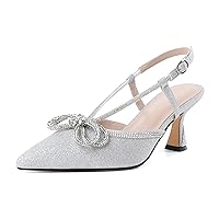 SAMMITOP Women's Slingback Rhinstone Bow Heels Low Kitten Heel Double Bow Pumps Pointed Toe Adjustable Ankle Strap Sparkly Prom Wedding Dress Shoes 2.5 Inch