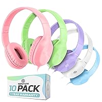 Classroom Headphones-Bulk 10-Pack, Student On Ear Comfy Swivel Earphones for Library, School, Airplane, Kids-for Online Learning and Travel, HQ Stereo Sound 3.5mm Jack (Mixed Colors)