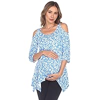 white mark Women's Maternity Printed Cold Shoulder 3/4 Sleeve Tunic Top with Side Pockets