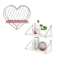 Afuly Folating Shelves Rose Gold Small Shelf Wall Mounted Metal Heart Design, White and Gold Floating Shelves Home Decor for Bathroom Kitchen Livingroom