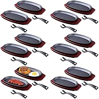 Mifoci 12 Pieces Oval Cast Iron Fajita Skillet Pan Set Small Sizzling Steak Plate with Wooden Base and Handle Cast Iron Fajita Skillet Sizzling Plate for Home Restaurant Barbecue Picnic Wedding