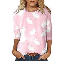 Easter Shirts for Women 3/4 Sleeve Blouse Cute Bunny Rabbit Graphic Tees Crew Neck Casual Shirts Fashion Funny Tops