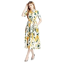 LAI MENG FIVE CATS Women's Vintage Retro V-Neck Allover Floral Print Casual Elegant Midi Dress