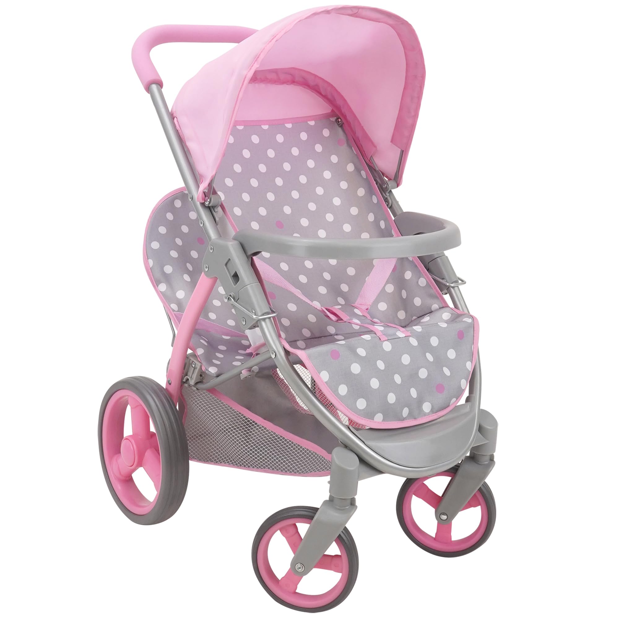 509 Crew: Cotton Candy Pink: Twin Tandem Doll Stroller - Pink, Grey, Polka Dot - Dolls Up to 18