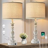Farmhouse Touch Table Lamp Set of 2 with USB A+C Ports 3 Way Dimmable Rustic Vintage Bedside Nightstand Lamps for Living Room Bedroom End Table Cabin (2 Bulbs Included)
