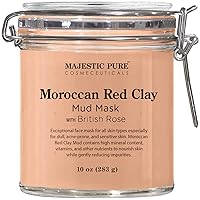 MAJESTIC PURE Moroccan Red Clay Facial Mud Mask with British Rose - Natural Skin Care Mask for Pore Cleansing and Dull & Sensitive Skin - Fights Acne and Blackheads - 10 oz