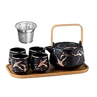 DUJUST Japanese Tea Set, White Porcelain Tea Set with 1 Teapot Set, 6 Tea Cups, 1 Tea Tray, 1 Stainless Infuser, Cute Asian Tea Set for Tea