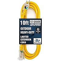 10 ft - 12 Gauge Heavy Duty Extension Cord - Lighted SJTW - Indoor/Outdoor Extension Cord by Watt's Wire - 10' 12-Gauge Grounded 15 Amp Extension Cord Splitter