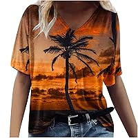 Women's Plus Size T-Shirt Casual V Neck Summer Tops Sunset Palm Print Beach Tops Loose Fit Tunic Workout Tee Shirt