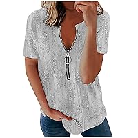 Womens Striped Printed T-Shirts Graphic Tops Half Zipper V Neck Loose Fit Pullover Casual Classy Shirt Blouse
