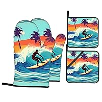 Hawaiian Surfer On Wavyprint Oven Gloves & Hot Pads Combo for BBQ, Cooking, Chef, Wedding & Restaurants, Spring/Summer