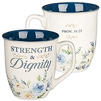Christian Art Gifts Large Ceramic Inspirational Scripture Coffee & Tea Mug for Women: Strength & Dignity Encouraging Golden Bible Verse, Non-toxic Lead/Cadmium-free Cup, White & Blue Floral, 14 oz.