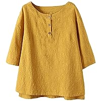 2023 Summer Women Half Sleeves Dressy Tops Cotton Linen Round Neck Button T-Shirts Casual Solid Color Oversized Tunic Blouses